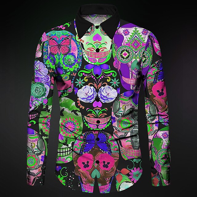  Miesten Pääkallot Geometrinen printti Paita Button Up paita Pitkähihainen Abstrakti Goottityyli Karnevaali Arki-asut Bile Syystalvi Sänkyjen avaus Painettu Painike alas Rubiini Sininen Purppura Apila