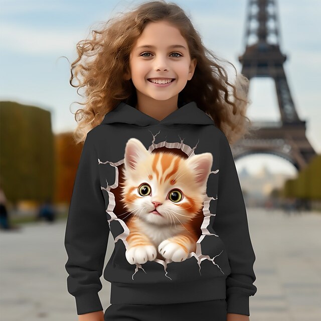  Fille 3D Bande dessinée Chat Sweat à capuche Pullover Rose manche longue 3D effet Printemps Automne Actif Mode Le style mignon Enfants 3-12 ans Capuche Extérieur Casual du quotidien Standard