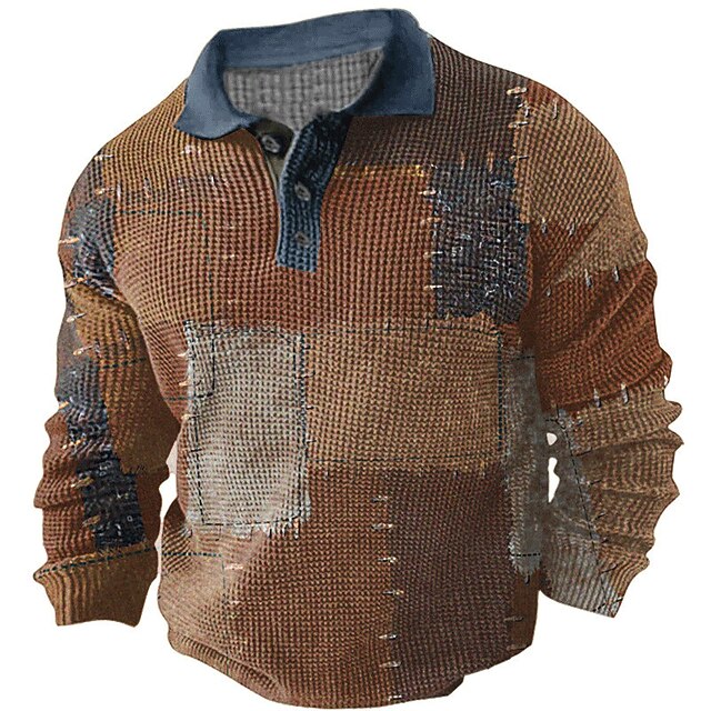 Men's Plaid Waffle Polo Shirts Golf Shirt Long Sleeve Polo Shirts Collared Shirts Vintage Casual Vacation Wear Formal Wear Festival Wear Buttons 3D Print Fall & Winter Blue Brown Green2