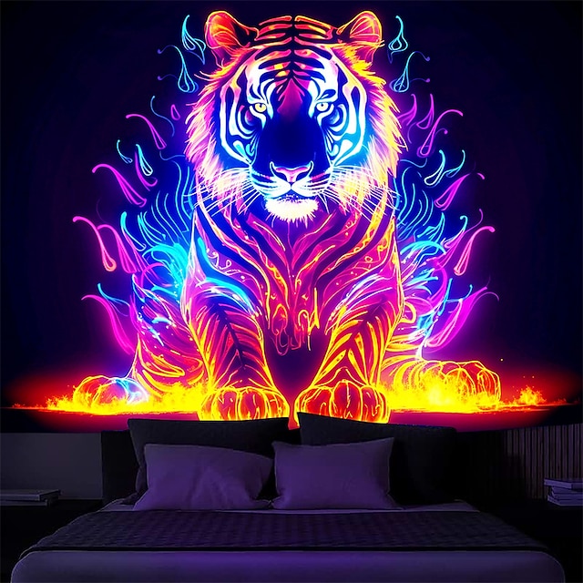  Fire Tiger Blacklight Tapestry UV Reactive Glow in the Dark Animal Trippy Misty Hanging Tapestry Wall Art Mural for Living Room Bedroom