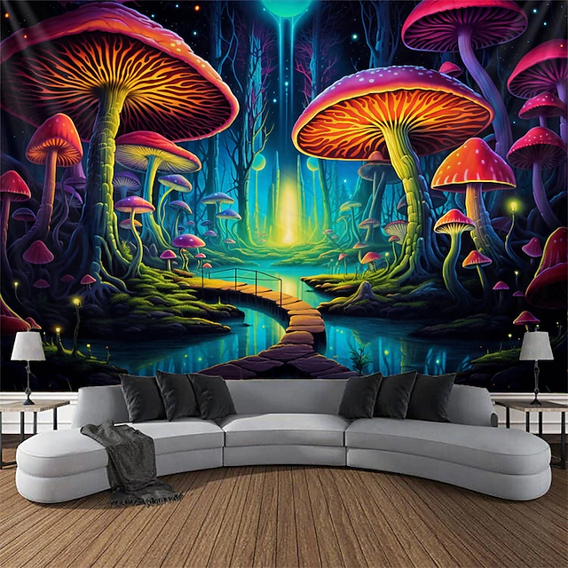 Blacklight Tapestry UV Reactive Glow in the Dark Glow Party Neon Mushroom Nature Landscape Psychedelic Trippy Misty Hanging Tapestry Wall Art Mural for Living Room Bedroom 14