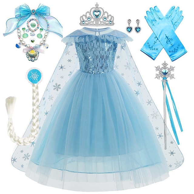  Frozen Fairytale Princess Elsa Flower Girl Dress Theme Party Costume Tulle Dresses Girls' Movie Cosplay Halloween Blue With Accessories Dress Carnival Masquerade Cotton World Book Day Costumes
