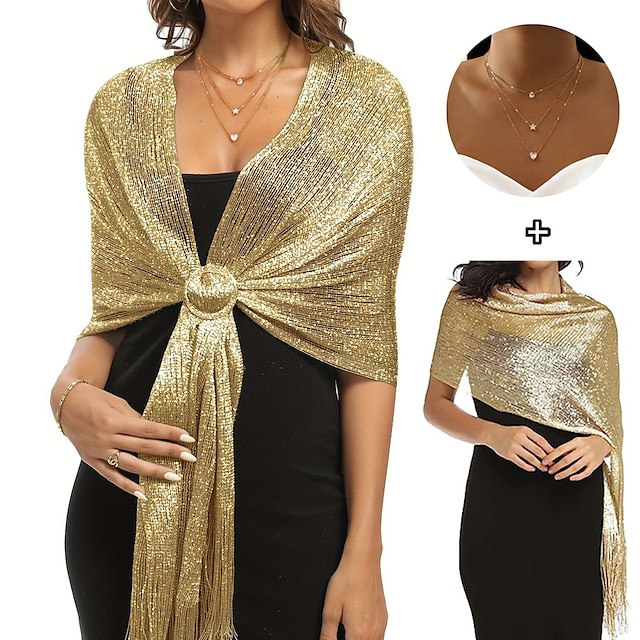  Roupas femininas xales metálicos glamorosos com borlas e fivela redonda - perfeitos para festas noturnas& casamentos com colar