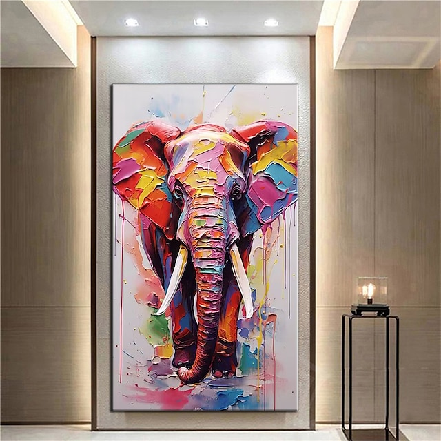  100 % håndmalt elefantoljemaleri veggkunst gategrafitti fargerik villdyr lerret maleri dyreoljemaleri moderne abstrakt kunst veggbilde til stue hotell hjemmedekorasjon lerret