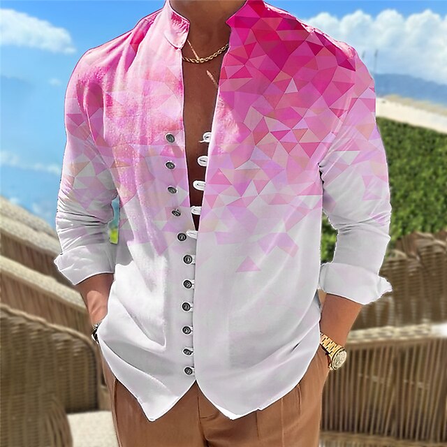 Men's Geometric Pattern Geometry Gradual Shirt Button Up Shirt Long Sleeve Casual Daily Wear Going out Weekend Spring & Summer Standing Collar Print Button-Down Pink Blue3