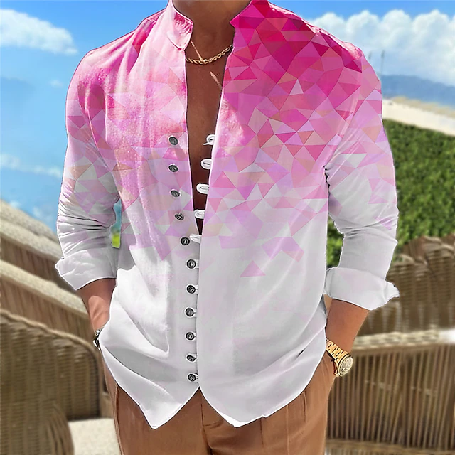 Men's Geometric Pattern Geometry Gradual Shirt Button Up Shirt Long Sleeve Casual Daily Wear Going out Weekend Spring & Summer Standing Collar Print Button-Down Pink Blue3