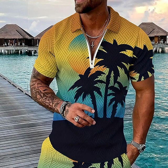 Men's Palm Tree Hawaiian Polo Shirts Golf Shirt Short Sleeve Polo Shirts Collared Shirts Casual Beach Wear Vacation Wear Tropical Wear Party Outfits 3D Print Quarter Zip Polo Spring & Summer Yellow3