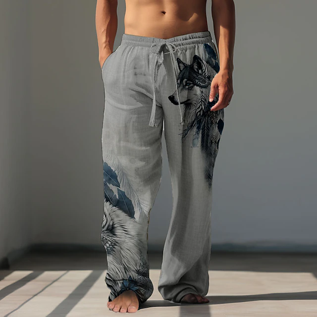 Men's Animal Wolf Linen Pants Pants Trousers Baggy Pants Mid Waist Vintage Outdoor Daily Wear Streetwear Fall & Winter Green Khaki Gray 5