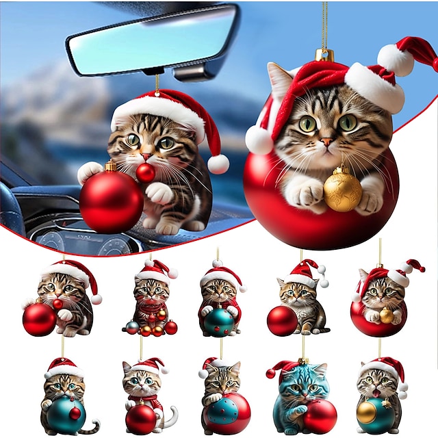  קישוט תלוי לרכב חתול, מחזיק מפתחות מודפס שטוח דו מימדי, קישוט אקרילי אופציונלי ואביזרי מראה אחורית לרכב חבילת מתנות זיכרון