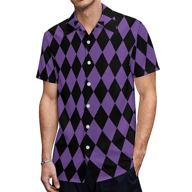  Карнавальная повседневная мужская рубашка с аргайлом, повседневная одежда, выходной, лето, кубинский воротник, короткие рукава, белый, синий, фиолетовый, s, m, l, эластичная ткань в 4 направлениях