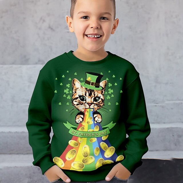  St Patrick Pojkar 3D Katt Fyrklöver Tröja Pullover Långärmad 3D-tryck Vår Höst Mode Streetwear Häftig Polyester Barn 3-12 år Rund hals Utomhus Ledigt Dagligen Normal