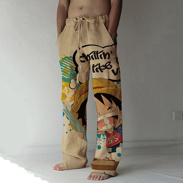  One Piece Monkey D. Luffy Linbukser Rette bukser Posete bukser Animé 3D Elastisk snordesign Lomme foran Til Herre Voksne Maskerade Tilbake til Skolen 3D-utskrift Yoga- og dansesko Daglig