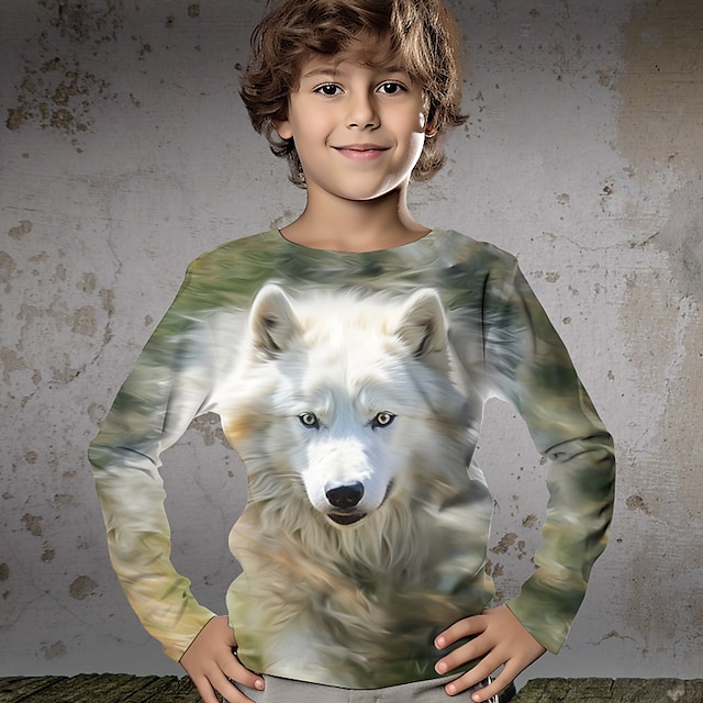  Dla chłopców 3D Wilk T-shirt Koszula Długi rękaw Druk 3D Wiosna Jesień Sport Moda Moda miejska Poliester Dzieci 3-12 lat Półgolf Na zewnątrz Codzienny Regularny