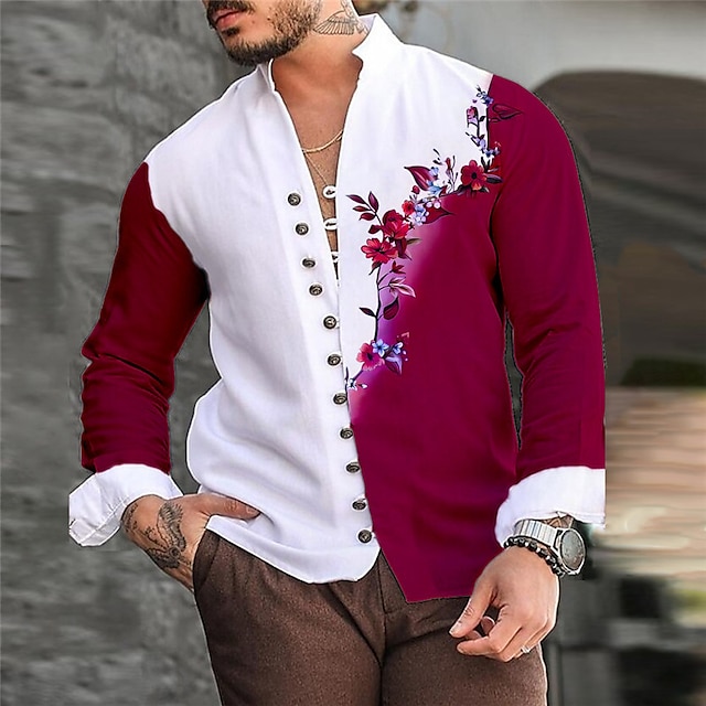  Men's Floral Shirt Button Up Shirt Long Sleeve Casual Daily Wear Going out Weekend Spring & Summer Standing Collar Print Button-Down Burgundy Blue Orange