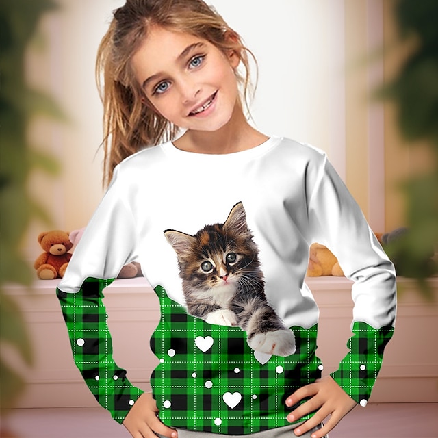  Saint Patrick Fille 3D Plaid Chat Tee-shirts Chemise manche longue 3D effet Printemps Automne Actif Mode Le style mignon Polyester Enfants 3-12 ans Col Ras du Cou Extérieur Casual du quotidien