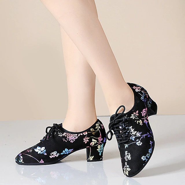Women's Floral Embroidered Breathable Mesh Lace-Up Dance Shoes with Low Block Heel – Perfect for Ballroom and Latin Dance 15