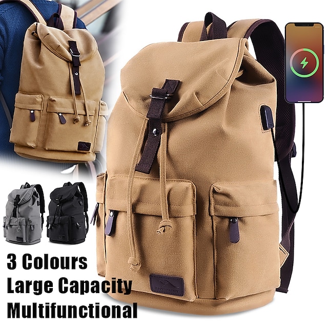  Men's Backpack School Bag Bookbag Drawstring Bag Commuter Backpack School Outdoor Camping & Hiking Solid Color Canvas Large Capacity Waterproof Zipper S109# black S109#khaki S109#grey