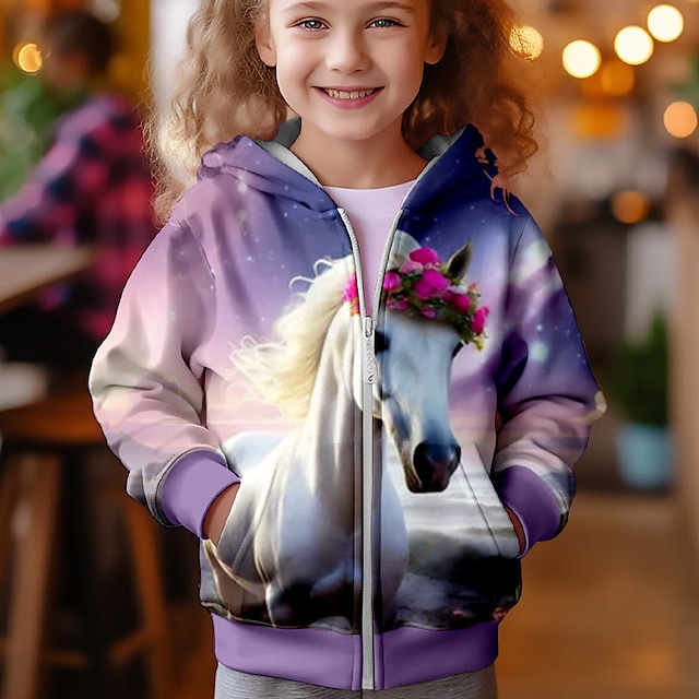  Lány 3D Egyszarvú Ló Kapucnis felsőrész Kabát Ruházat Hosszú ujj Ősz Tél Aktív aranyos stílus Utcai sikk Poliészter Gyerekek 3-12 év Cipzár Utca Napi Normál