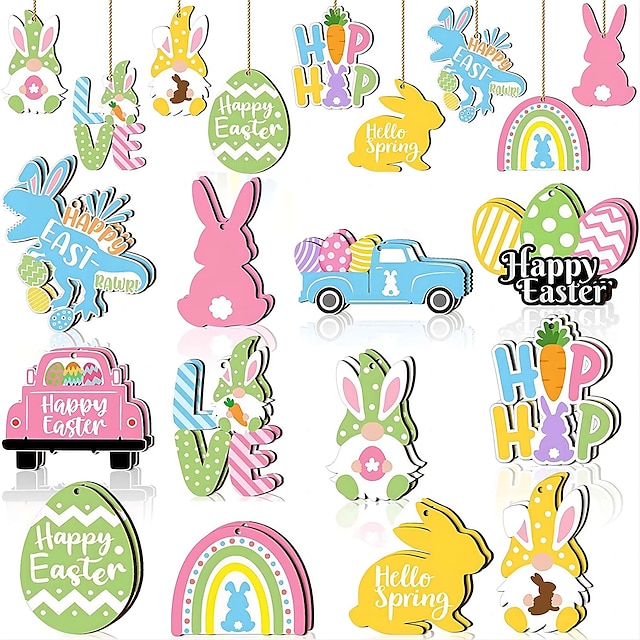  24 Pieces of Wooden Spring Easter Decorations for Tree Springs Tree Decorations Easter Decorations Wooden Hanging Decorations Decorations with Rope Springs (Egg Dwarf Bunny Carrot Basket)
