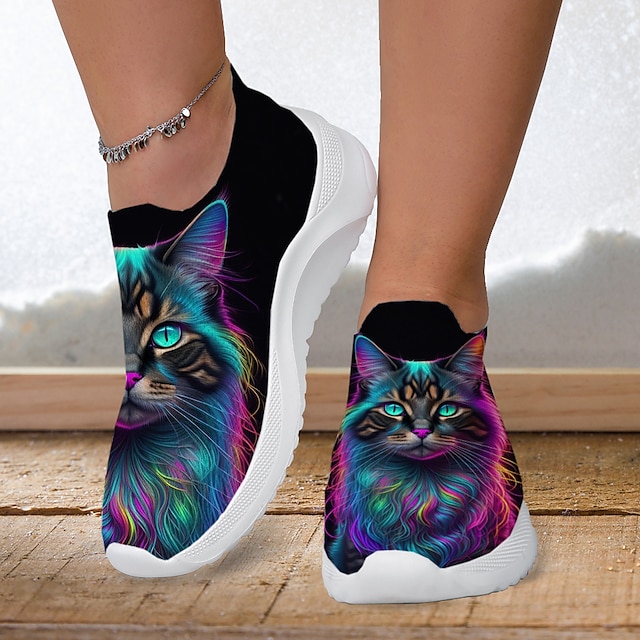  Dam Sneakers Slip-Ons Tryck skor Flyknit skor Komfortskor Utomhus Dagligen Katt Platt klack Mode Ledigt Flygande vävning Gul Rosa Blå