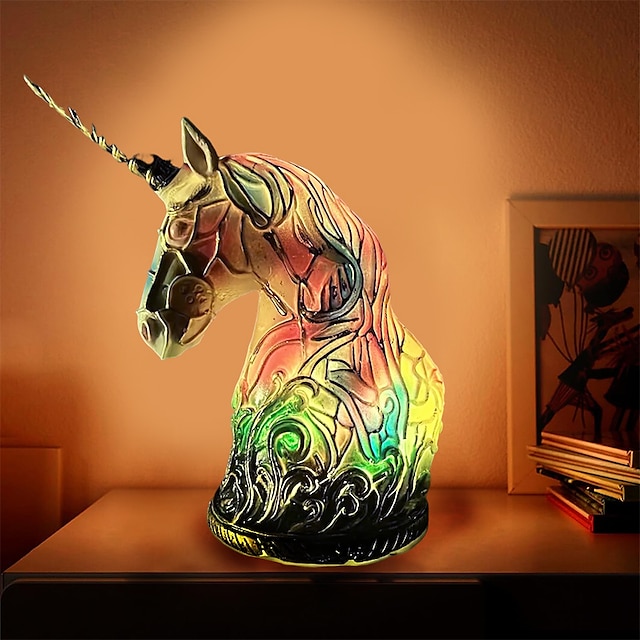  Lámpara de mesa de unicornio, decoración de escritorio de oficina, adorno de resina, decoración del hogar