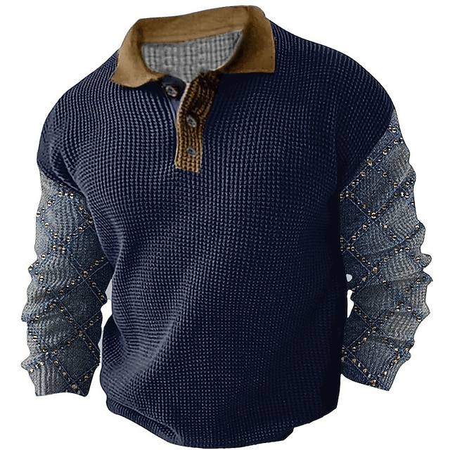 Men's Plaid Waffle Polo Shirts Golf Shirt Long Sleeve Polo Shirts Collared Shirts Vintage Casual Vacation Wear Formal Wear Festival Wear Buttons 3D Print Fall & Winter Black Dark Navy Khaki 5