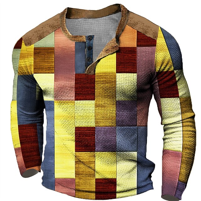 Graphic Plaid Color Block Fashion Designer Casual Men's 3D Print Henley ...