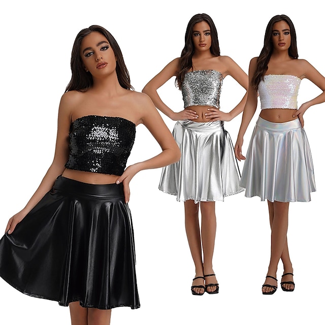  Retro Vintage 1980s Shiny Metallic Skirt Outfits Tube Top Disco Women's Sequins Carnival Performance Club Skirts