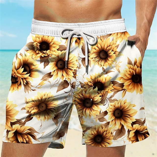  Tropical Sunflower Men's Resort 3D Printed Board Shorts Swim Trunks Elastic Waist Drawstring with Mesh Lining Aloha Hawaiian Style Holiday Beach S TO 3XL