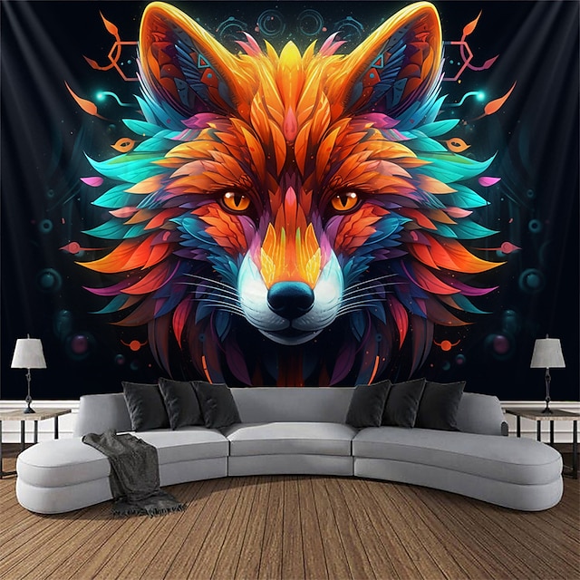  Blacklight Tapestry UV Reactive Glow in the Dark Glow Party Neon Fox Animal Nature Psychedelic Trippy Misty Hanging Tapestry Wall Art Mural for Living Room Bedroom