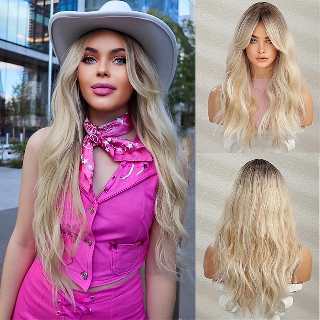 Long Blonde Wig with Bangs Long Curly Wavy Blonde Wig for Women Mixed Blonde Long Synthetic Wig