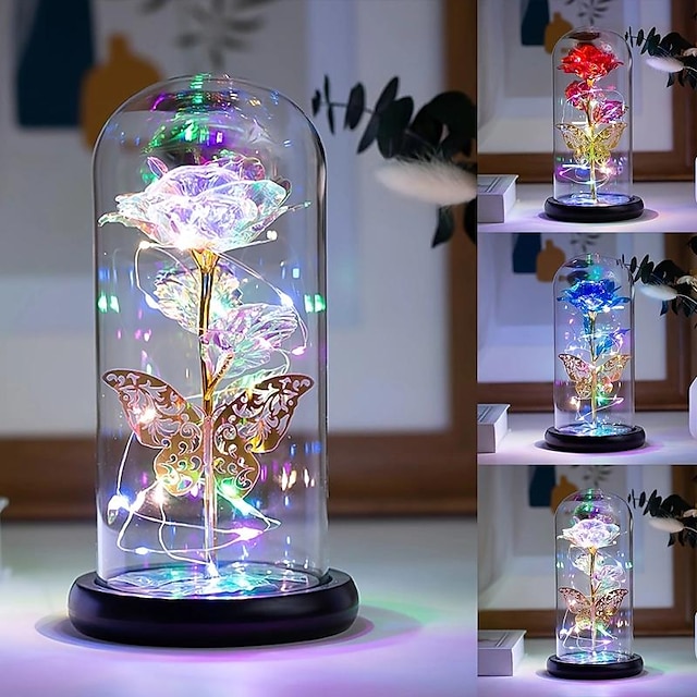  מנורת לד רוז פרפר רומנטית בכיפת זכוכית - עיצוב ומתנה מושלמת לבית לחתונות, ימי הולדת, יום האהבה ויום האם (לא כלול בסוללה)