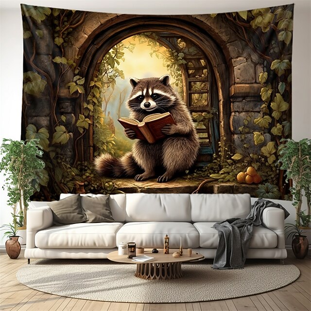 Raccoon Animal Reading Hanging Tapestry Wall Art Large Tapestry Mural Decor Photograph Backdrop Blanket Curtain Home Bedroom Living Room Decoration 11
