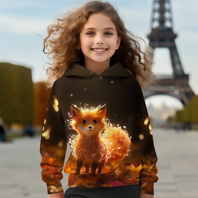  Girls' 3D Fox Hoodie Pullover Long Sleeve 3D Print Spring Fall Active Fashion Cute Polyester Kids 3-12 Years Hooded Outdoor Casual Daily Regular Fit