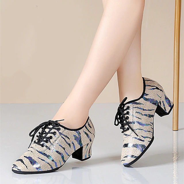 Women's Glitter Dance Shoes with Animal Print, Lace-Up Design, and Comfortable Low Heels for Ballroom, Latin, or Party 14