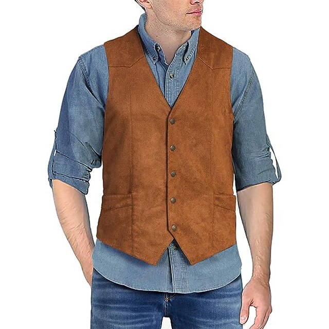 Men's Suede Vest Daily Wear Vacation Going out Vintage Style Chic & Modern Spring & Fall Button Polyester Comfortable Plain Single Breasted V Neck Regular Fit Black Brown Coffee Gray Vest 15