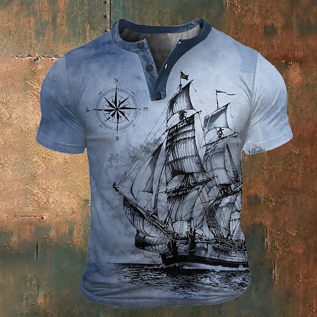  Graphic Ship Fashion Retro Vintage Classic Men's 3D Print T shirt Tee Henley Shirt Sports Outdoor Holiday Going out T shirt Blue Brown Army Green Short Sleeve Henley Shirt Spring & Summer Clothing