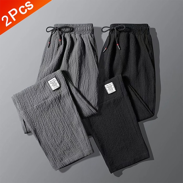  Multi Packs 2pcs Men's Black+Gray Sweatpants Trousers Pocket Drawstring Plain Sport Daily Wear Polyester Spring &  Fall
