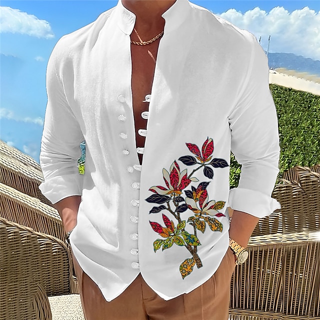  Męskie Zmywalna tkanina bawełniana Koszula lniana koszula Kwiaty Nadruk Przycisk w dół Długi rękaw Stójka Biały, Rumiany róż, Zielony Koszula Dzienne zużycie Wyjściowe Weekend