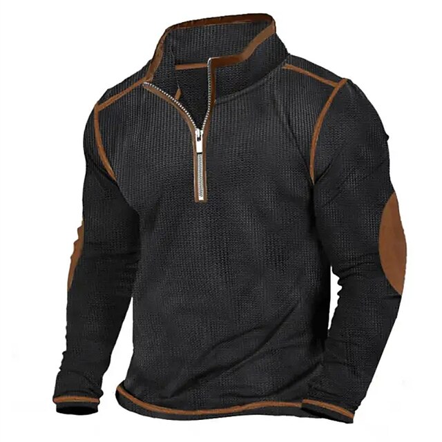 Men's Waffle Tee T Shirt Waffle Knit Tee Tee Top Long Sleeve Quarter Zip Spring &  Fall Plain Raglan Sleeve Fashion Designer Basic Patchwork Vacation Street Going out Black Top Tee for Men4