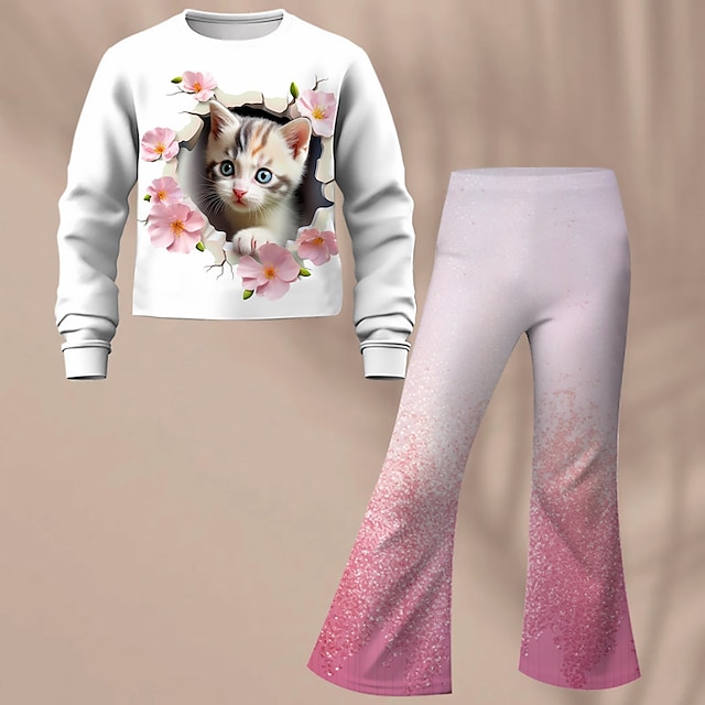  Dívčí 3D Kočka Set mikina & Flare Pants Růžová Dlouhý rukáv 3D tisk Jaro Podzim Aktivní Módní Denní Polyester Děti 3-12 let Tričkový Venkovní Rande Dovolená Běžný