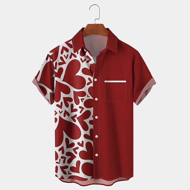  Heart Color Block Holiday Hawaiian Casual Men's Shirt Date Going out Valentine Summer Turndown Short Sleeve Dark Red, Red S, M, L 4-Way Stretch Fabric Shirt Normal Valentine's Day