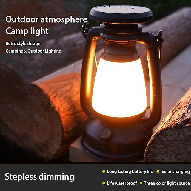  lanterna a cavallo retrò luce a led a 3 colori con attenuazione continua appesa luce da campeggio esterna ricaricabile solare