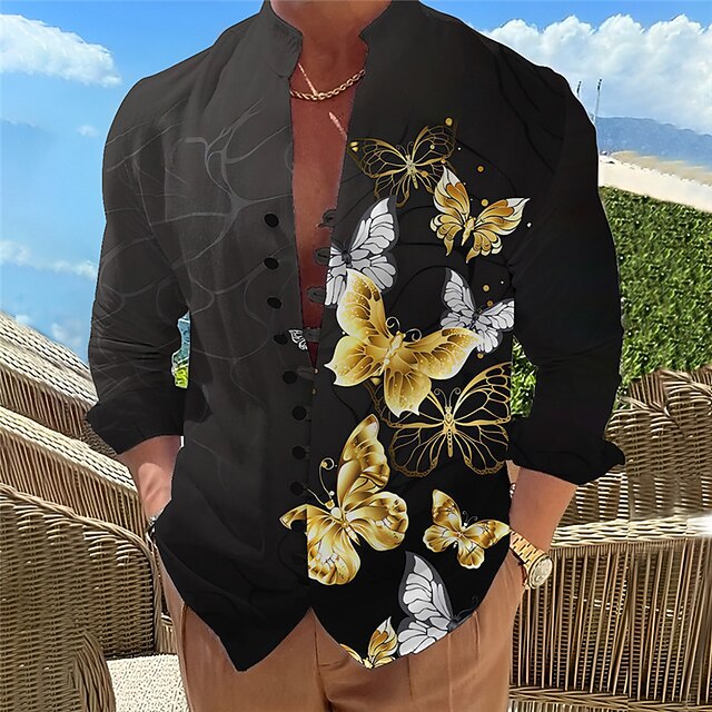 Men's Butterfly Shirt Button Up Shirt Long Sleeve Casual Daily Wear Going out Weekend Spring & Summer Standing Collar Print Button-Down Gold Gray3
