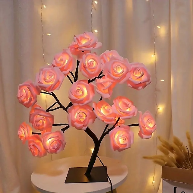  Lámpara de árbol de flores rosas para el Día de San Valentín, 24 cabezas, luz de mesa rosa, lámpara con enchufe usb para decoración para fiesta de boda, luces nocturnas