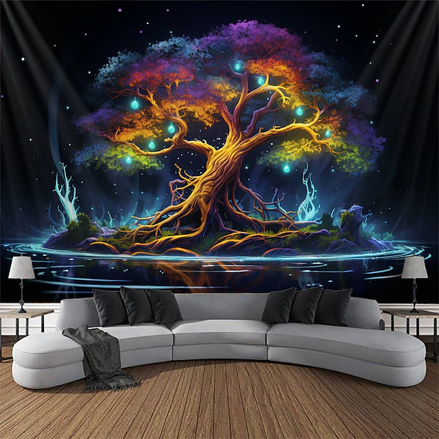 Blacklight Tapestry UV Reactive Glow in the Dark Glow Party Neon Bonsai Nature Psychedelic Trippy Misty Hanging Tapestry Wall Art Mural for Living 16