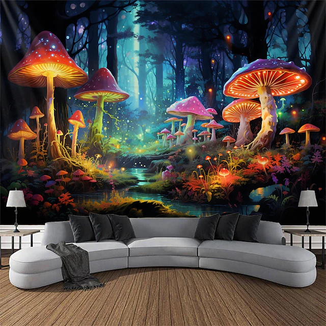 Blacklight Tapestry UV Reactive Glow in the Dark Glow Party Neon Mushroom Forest Psychedelic Trippy Misty Hanging Tapestry Wall Art Mural for Living 12