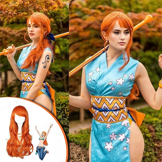  zainspirowany jednoczęściowym nami anime cosplay kostiumy japońskie garnitury cosplay kostium dla kobiet z jednoczęściowymi perukami perona jednoczęściowy nami 2 lata później peruka 65cm długa fala