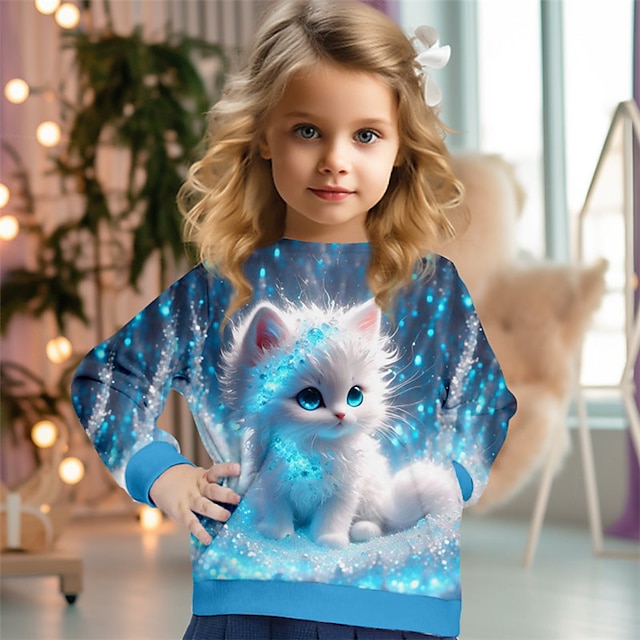  Fille 3D Chat Sweatshirt Pullover manche longue 3D effet Printemps Automne Mode Vêtement de rue Adorable Polyester Enfants 3-12 ans Col Ras du Cou Extérieur Casual du quotidien Standard