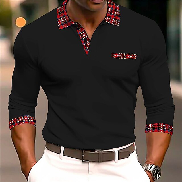 Kentucky Derby Men's Plaid / Check Cable Knit Polo Golf Polos Shirts Long Sleeve Polo Shirts Turndown Business Outdoor Casual Daily Streetwear 3D Print Spring & Summer Black White Blue4